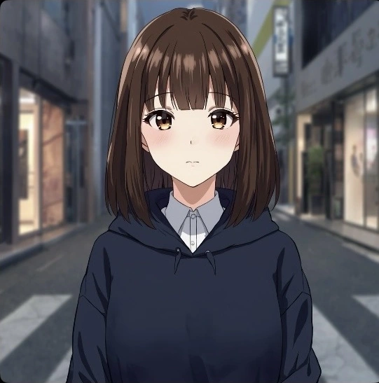 街中の背景で髪色や服装が比較的維持された生成例