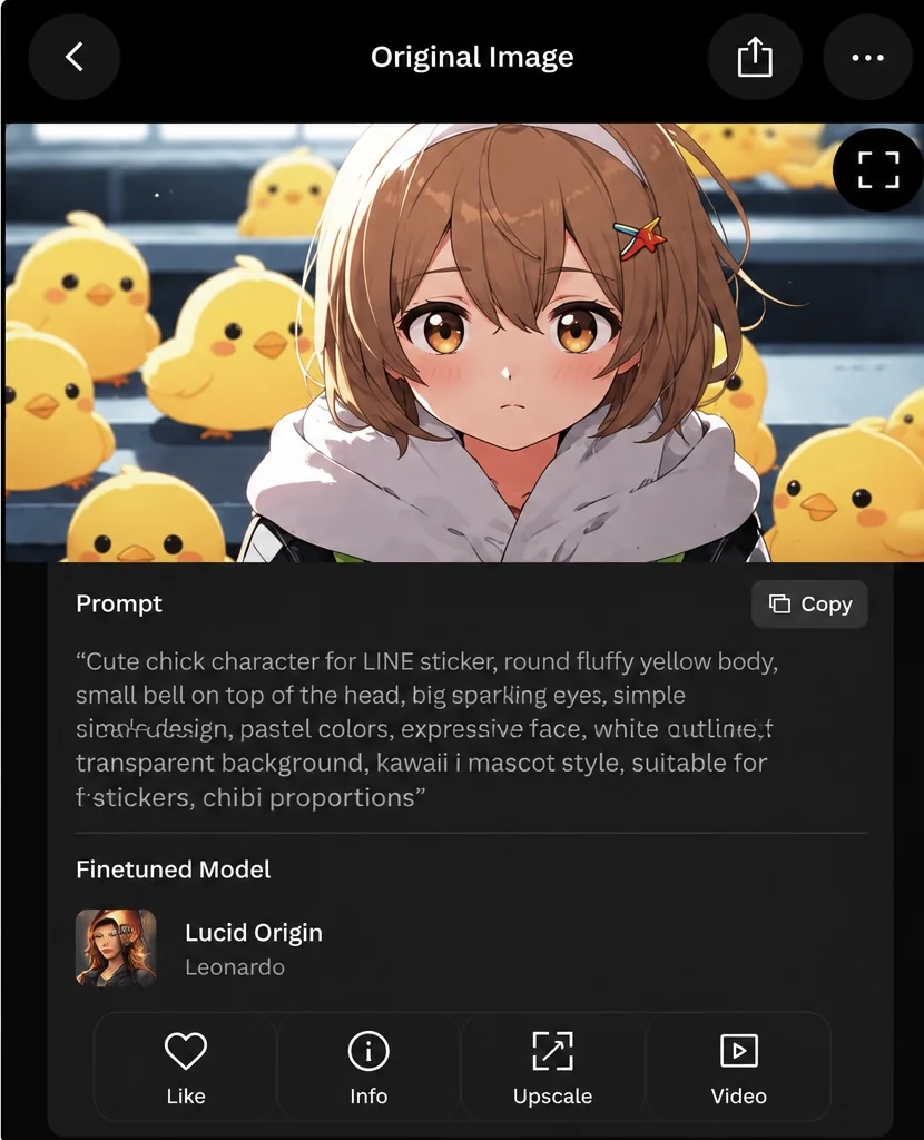 Leonardo.Aiの生成結果詳細に表示されたプロンプトとLucid Originモデル